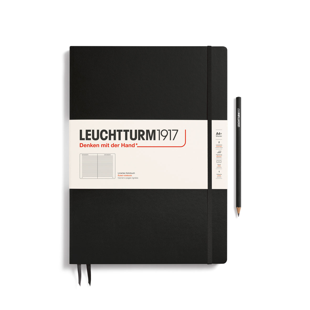 Black notebook with Leuchtturm1917 branding on a white background
