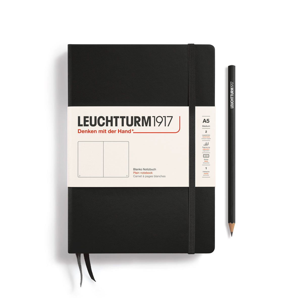 Black notebook with Leuchtturm1917 branding on a white background