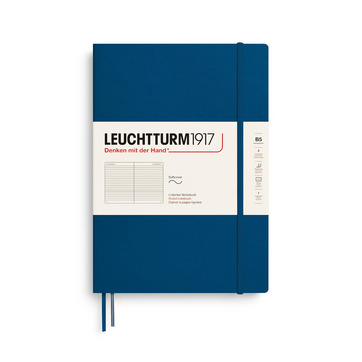 Blue notebook with Leuchtturm1917 branding on a white background
