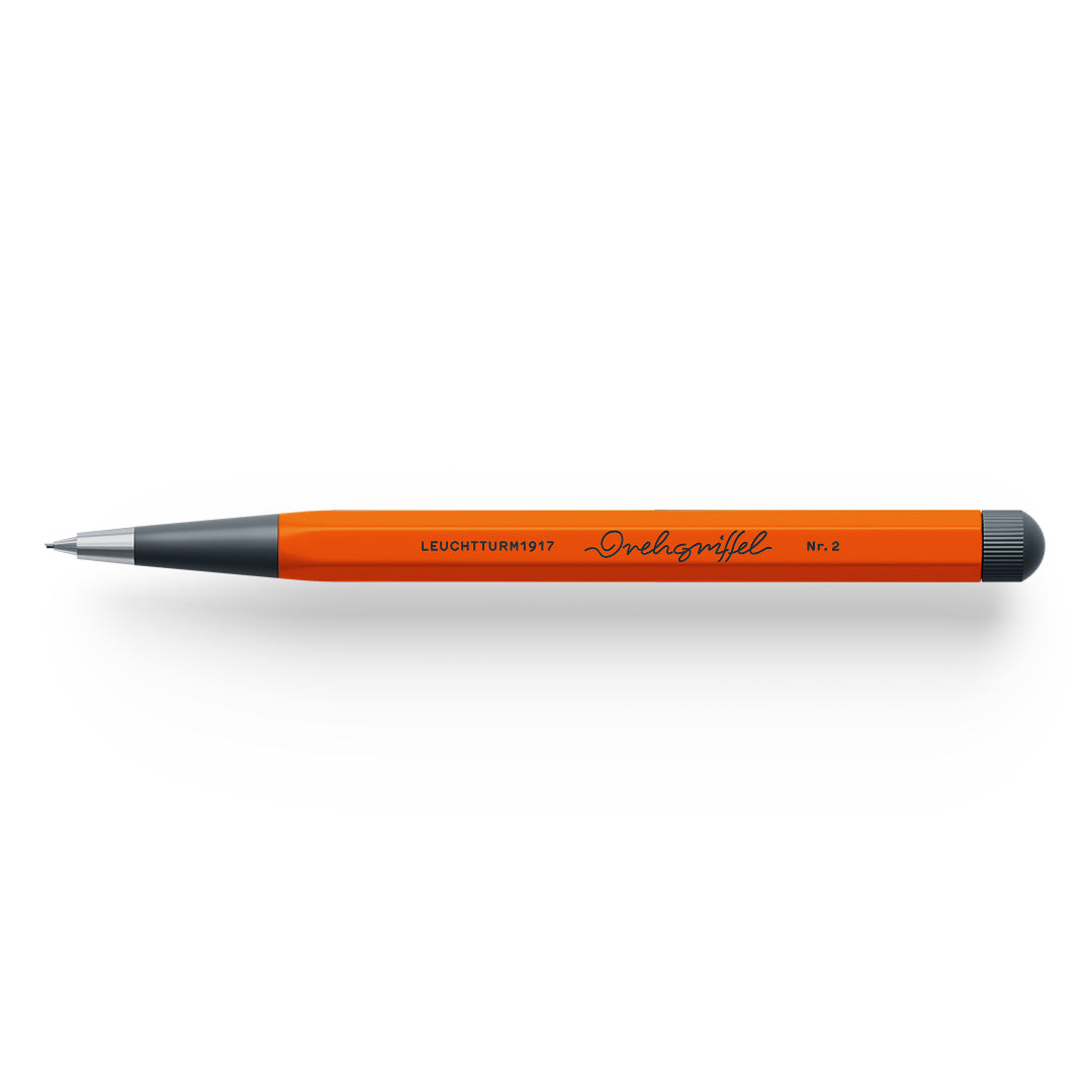 Orange pencil with black accents on a white background