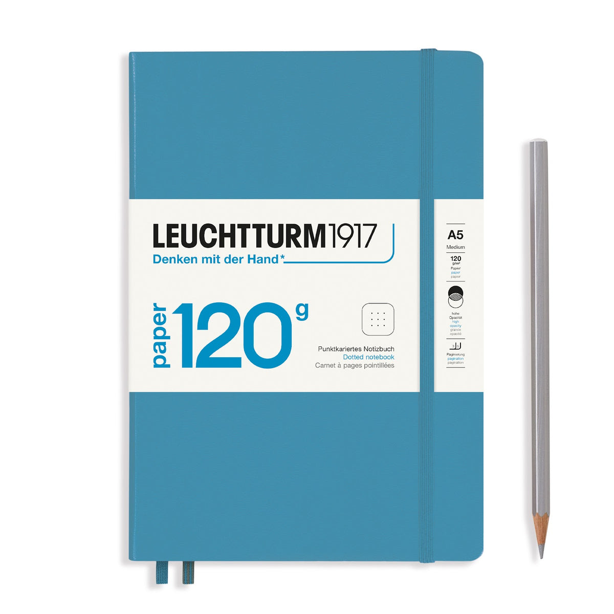 Blue notebook with white label featuring 'Leuchtturm1917' branding on a white background