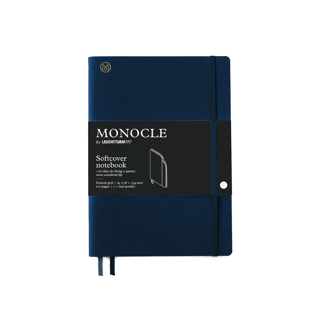 Blue notebook with Monocle branding on a white background