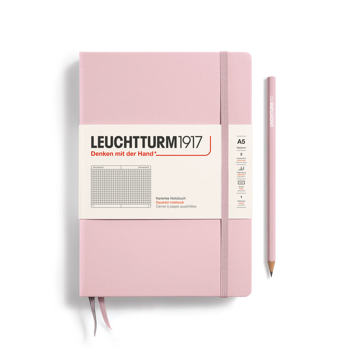 Pink notebook with Leuchtturm1917 branding on a white background