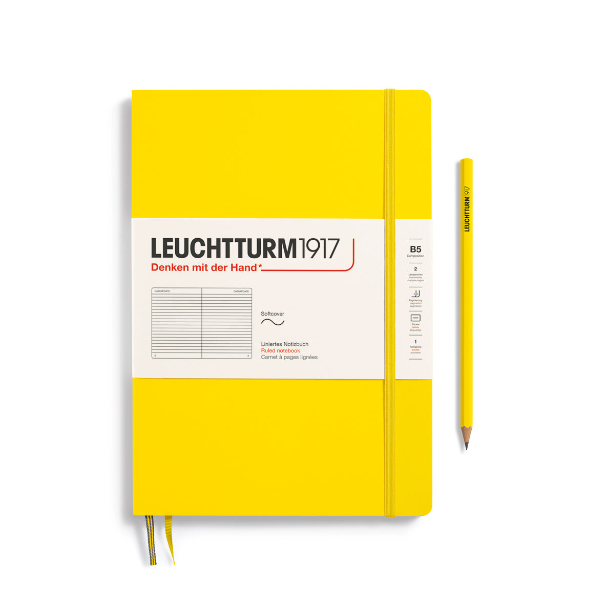Yellow notebook with a pencil on a white background, featuring Leuchtturm1917 branding.