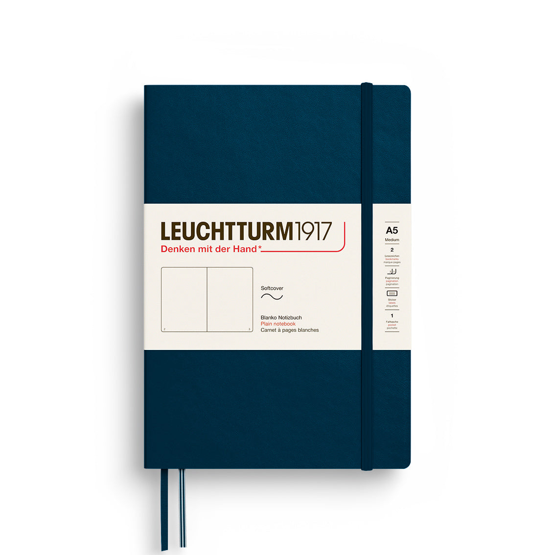 Blue notebook with Leuchtturm1917 branding on a white background