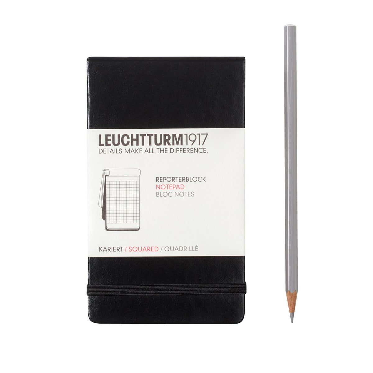 Black notebook with white label and pencil on a white background, featuring Leuchtturm1917 branding.