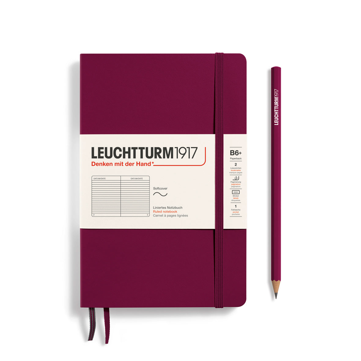 Maroon notebook with a pencil on a white background, featuring Leuchtturm1917 branding.
