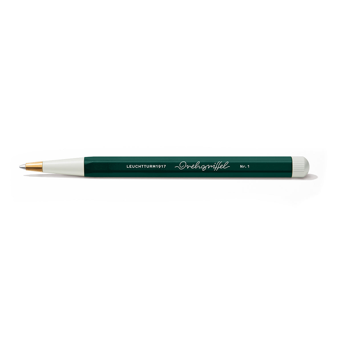 Green pen with white accents on a white background