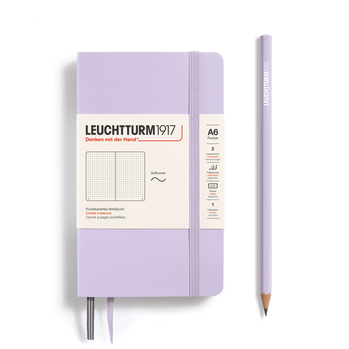 Purple notebook and pencil with Leuchtturm1917 branding on a white background