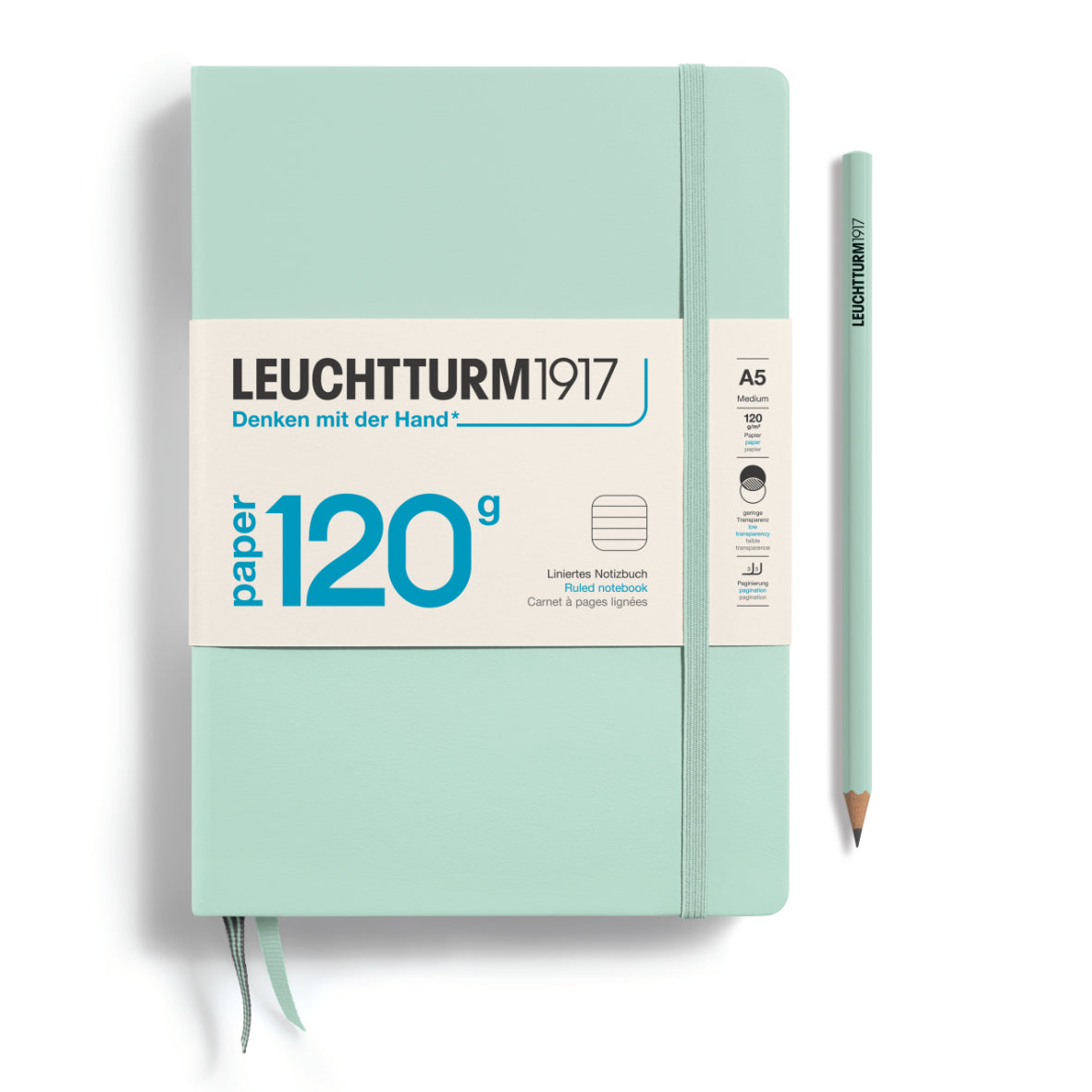 Light green notebook with a pencil on a white background, featuring Leuchtturm1917 branding.