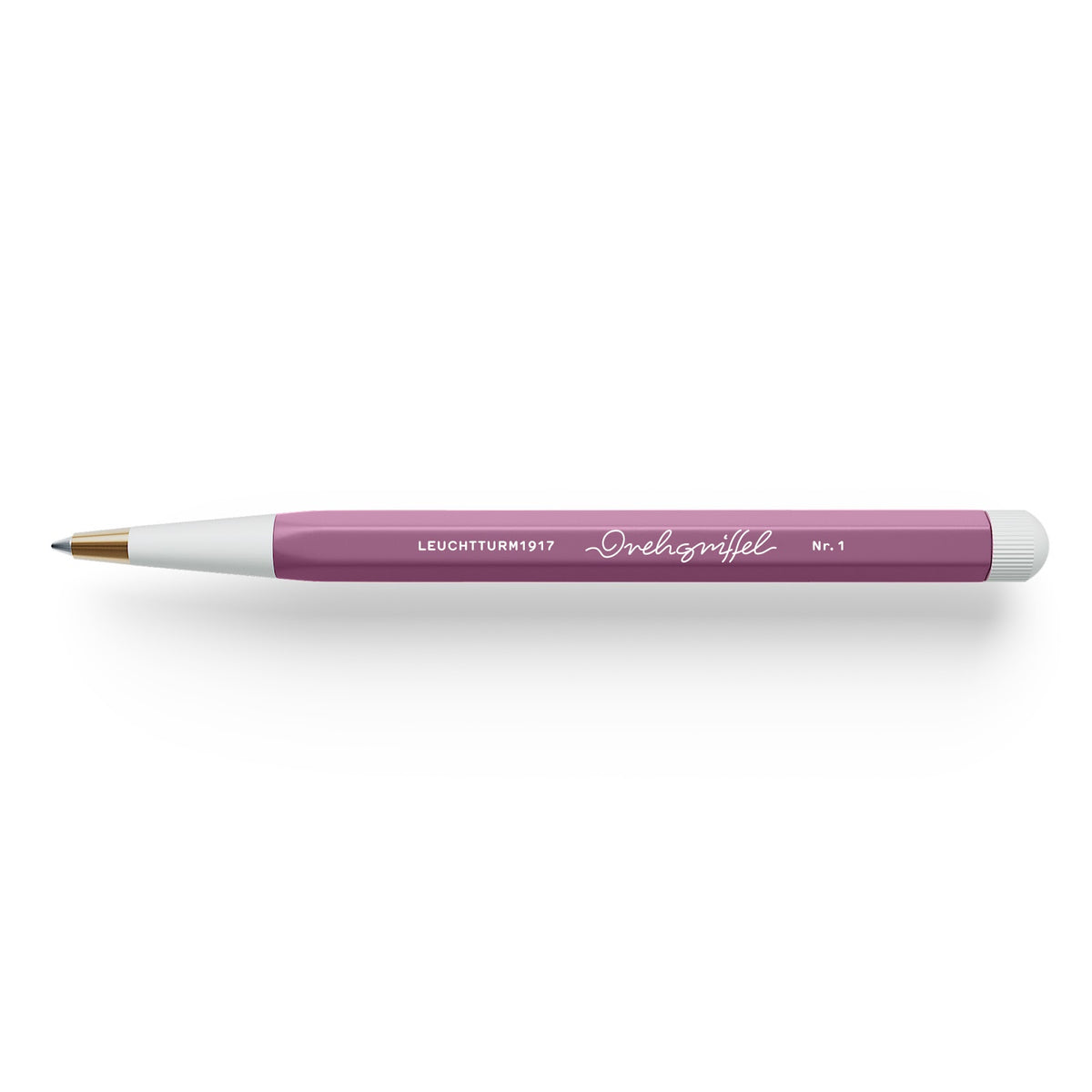 Purple pen with white accents on a white background