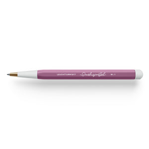 Purple pen with white accents on a white background