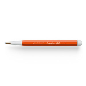 Pen with orange body and white accents on a white background