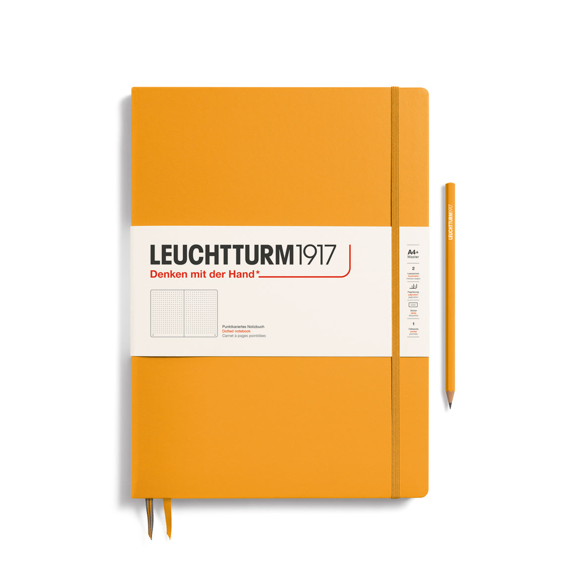 Orange notebook with a pen on a white background, featuring the Leuchtturm1917 brand.