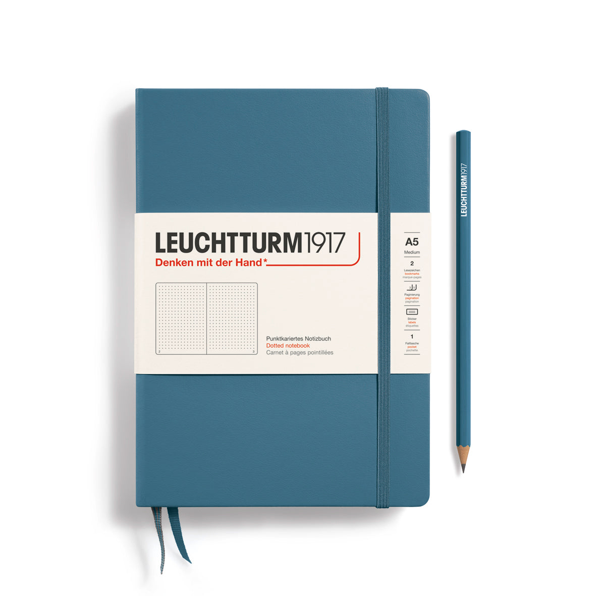 Blue notebook with Leuchtturm1917 branding on a white background