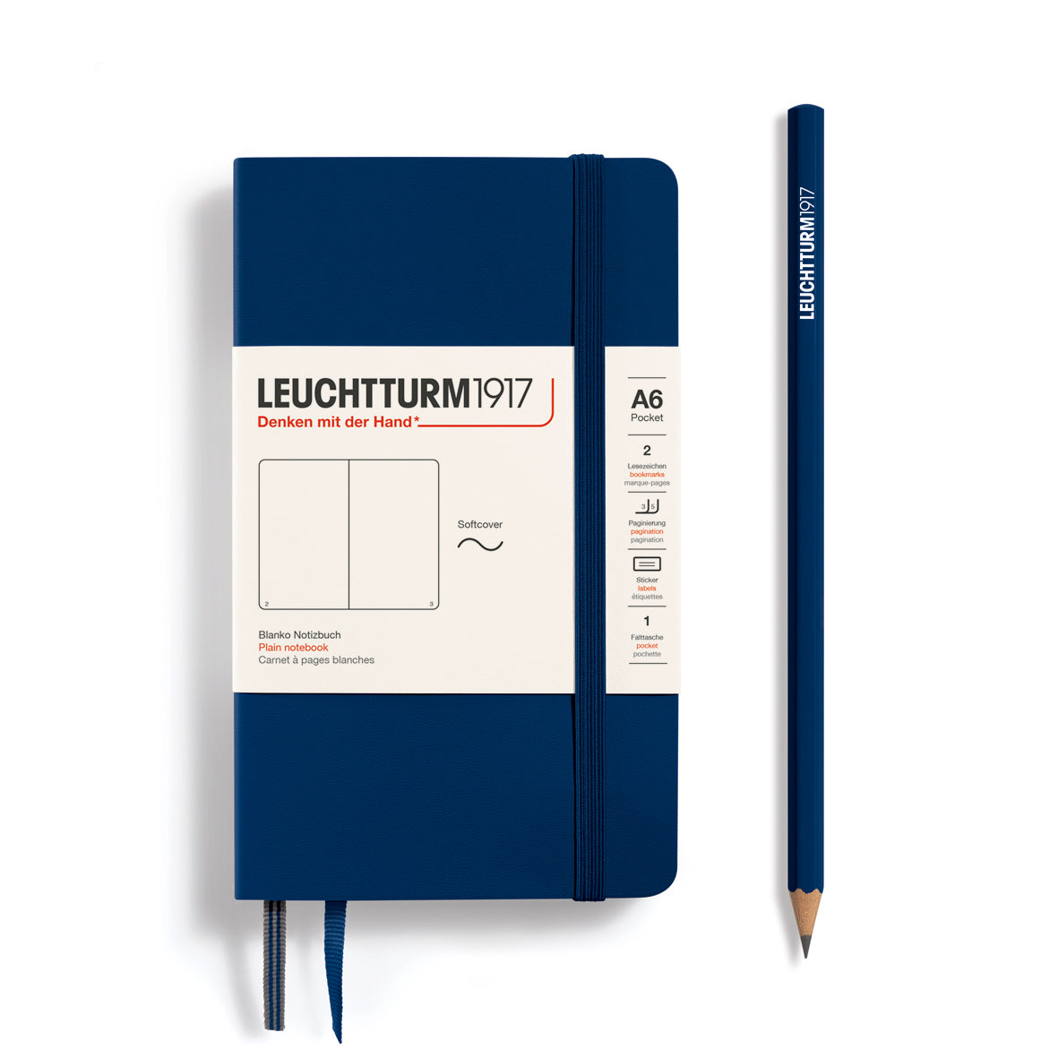 Blue notebook with a pencil on a white background, featuring Leuchtturm1917 branding.