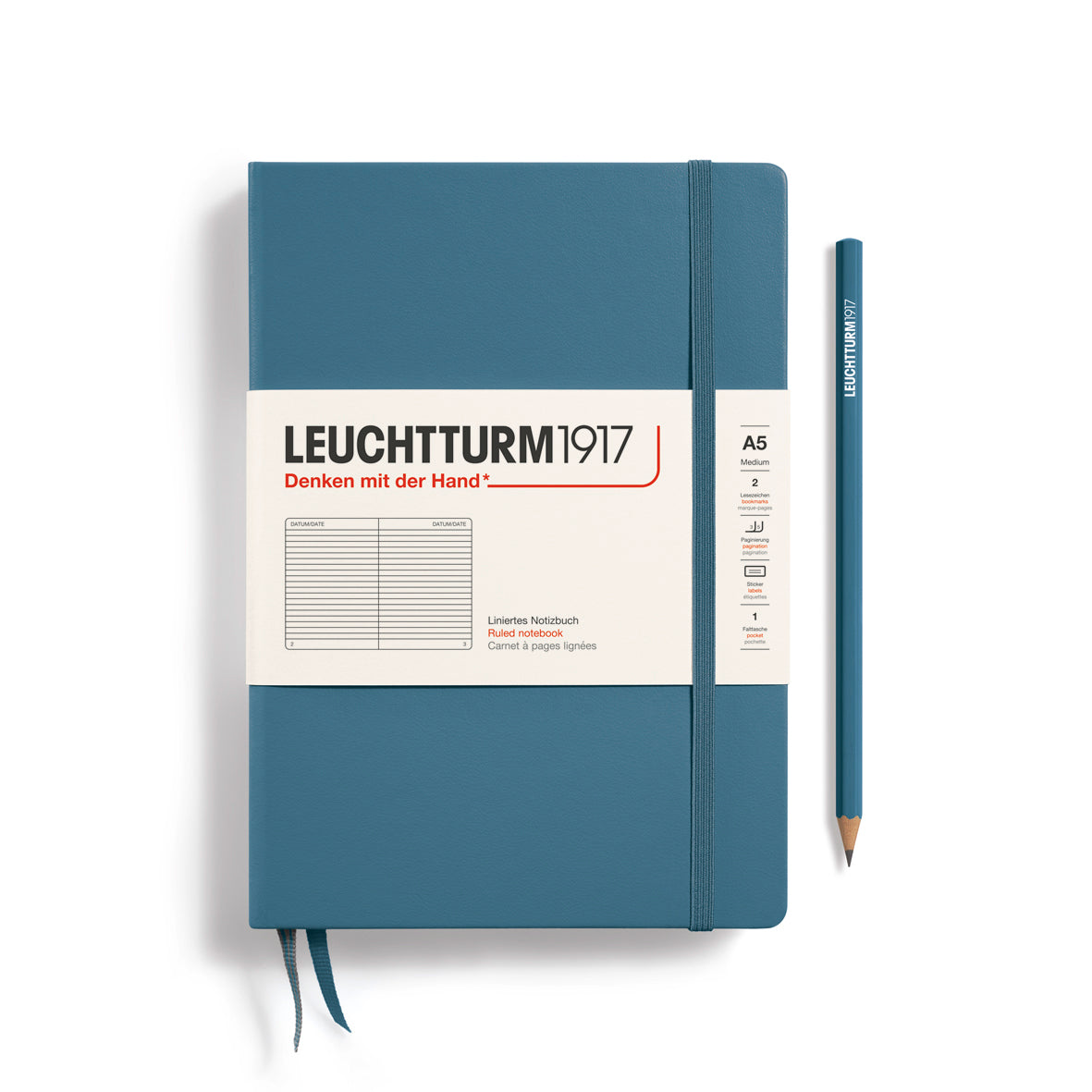 Blue notebook with Leuchtturm1917 branding on a white background