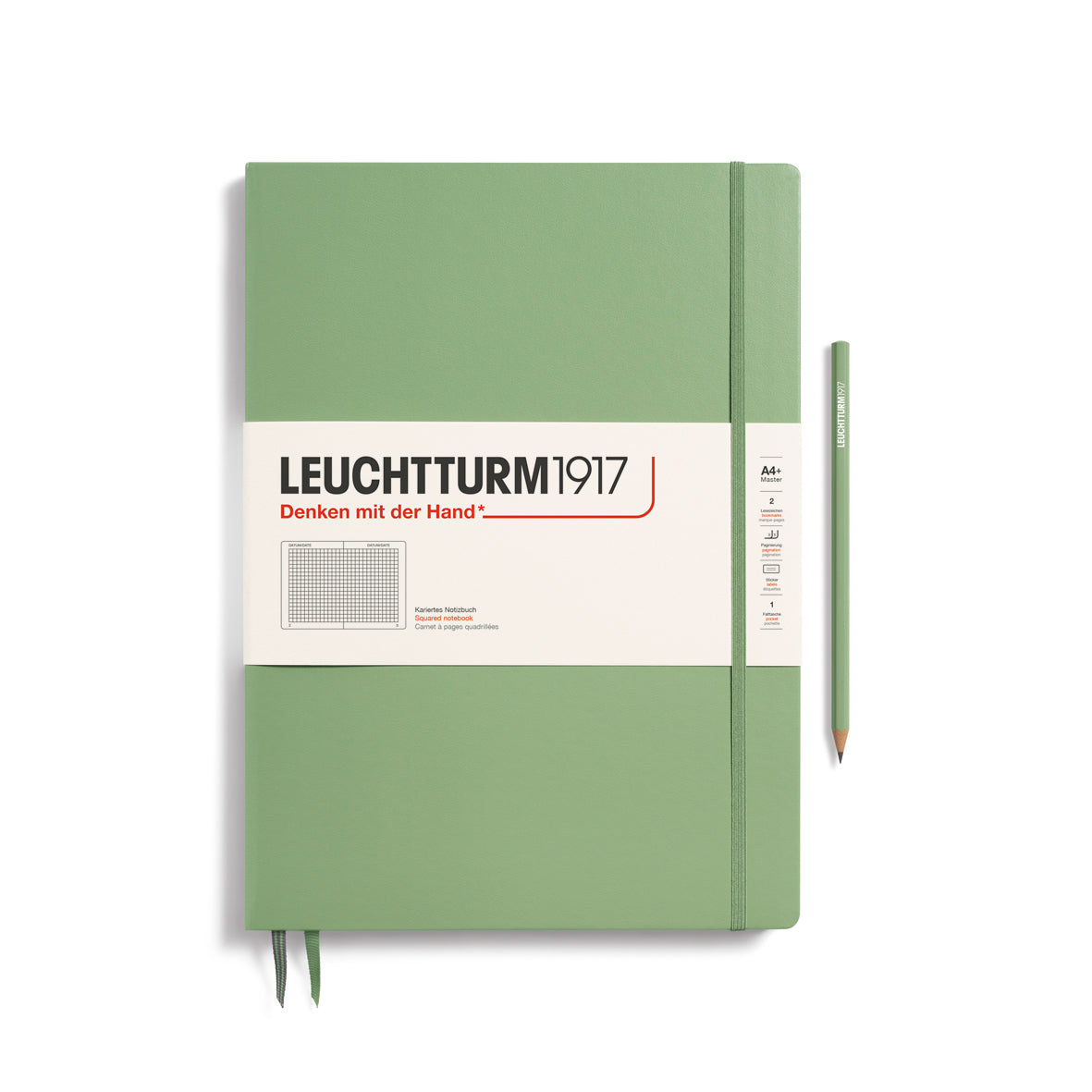 Green notebook with Leuchtturm1917 label on a white background
