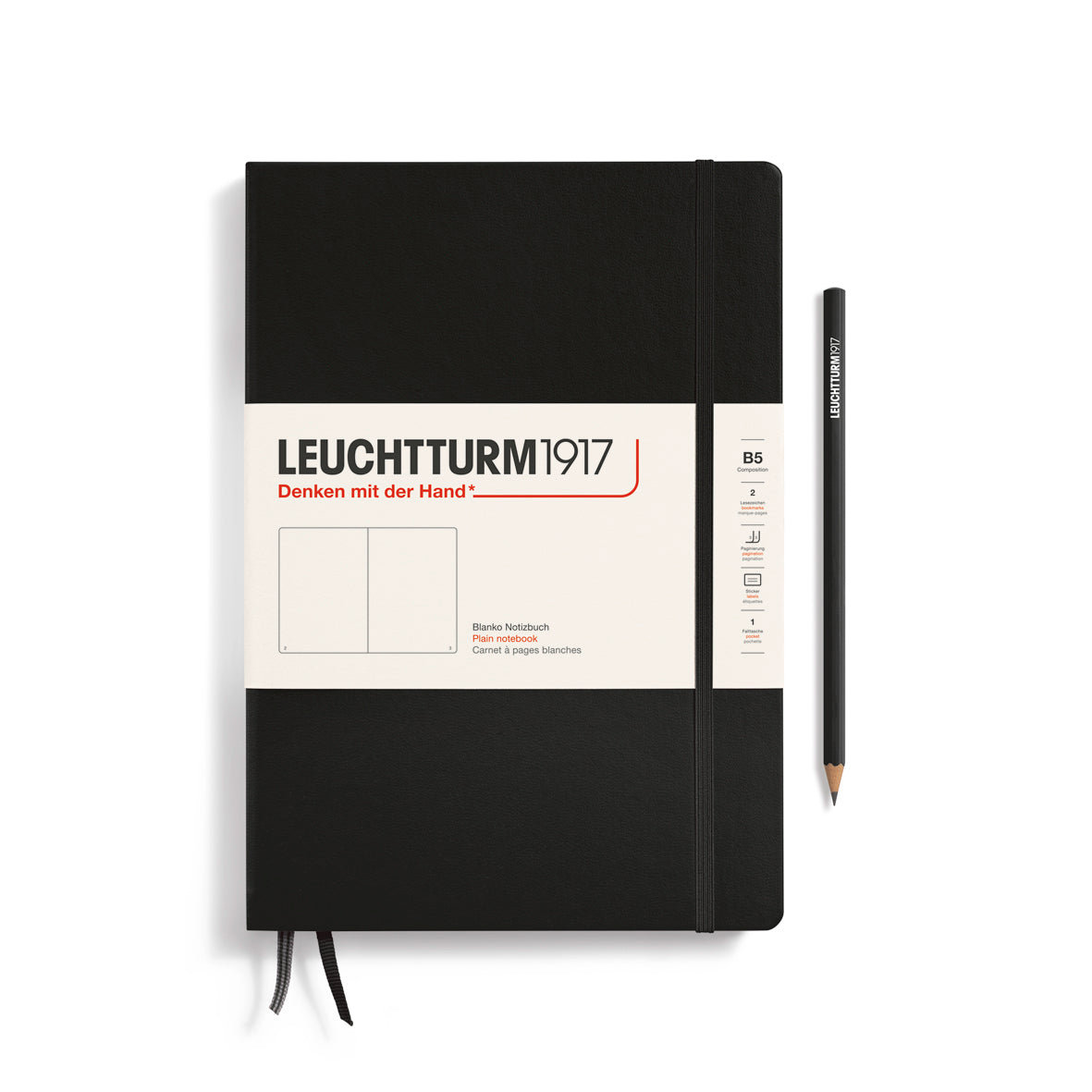 Black notebook with white label featuring 'Leuchtturm1917' branding on a white background.