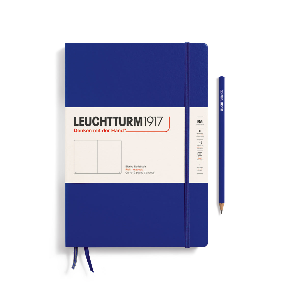 Blue notebook with Leuchtturm1917 branding on a white background