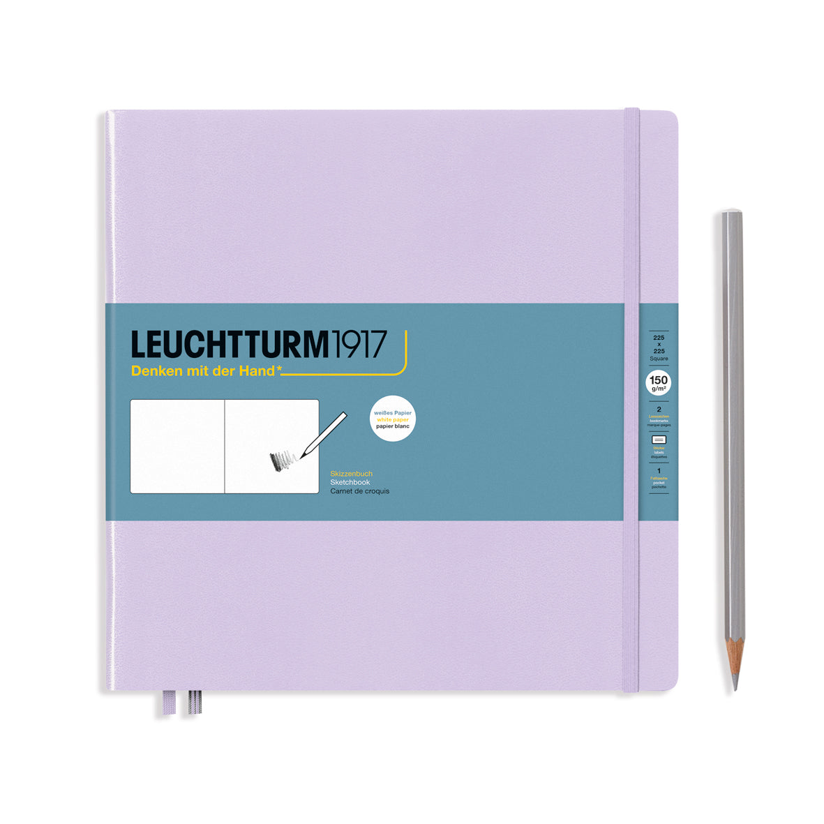 Purple notebook with blue label and pencil on a white background
