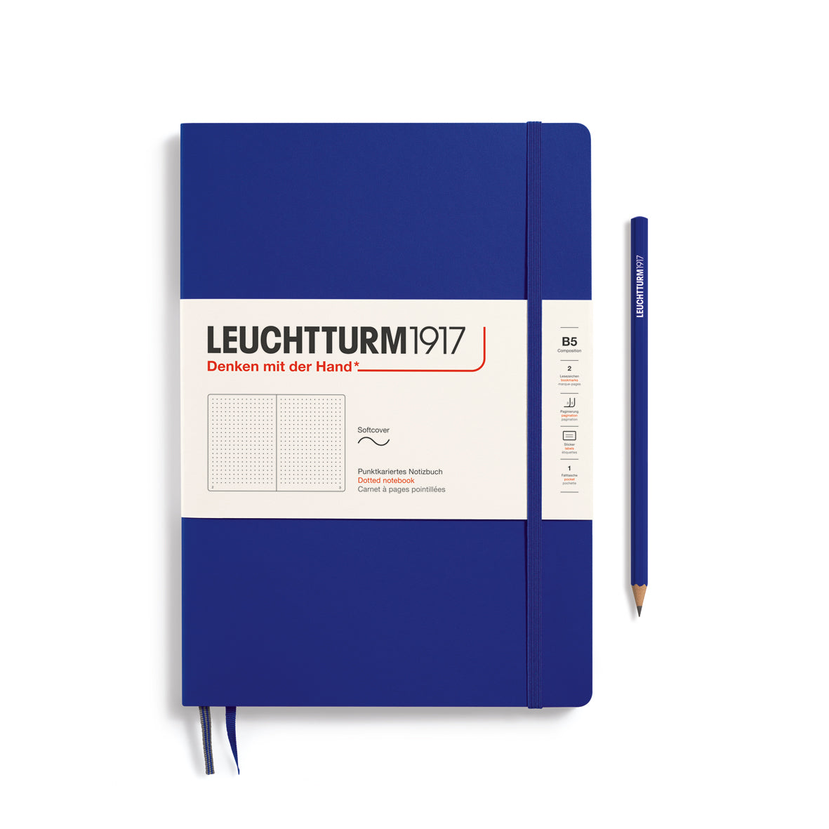 Blue notebook with a pencil on a white background, featuring Leuchtturm1917 branding.