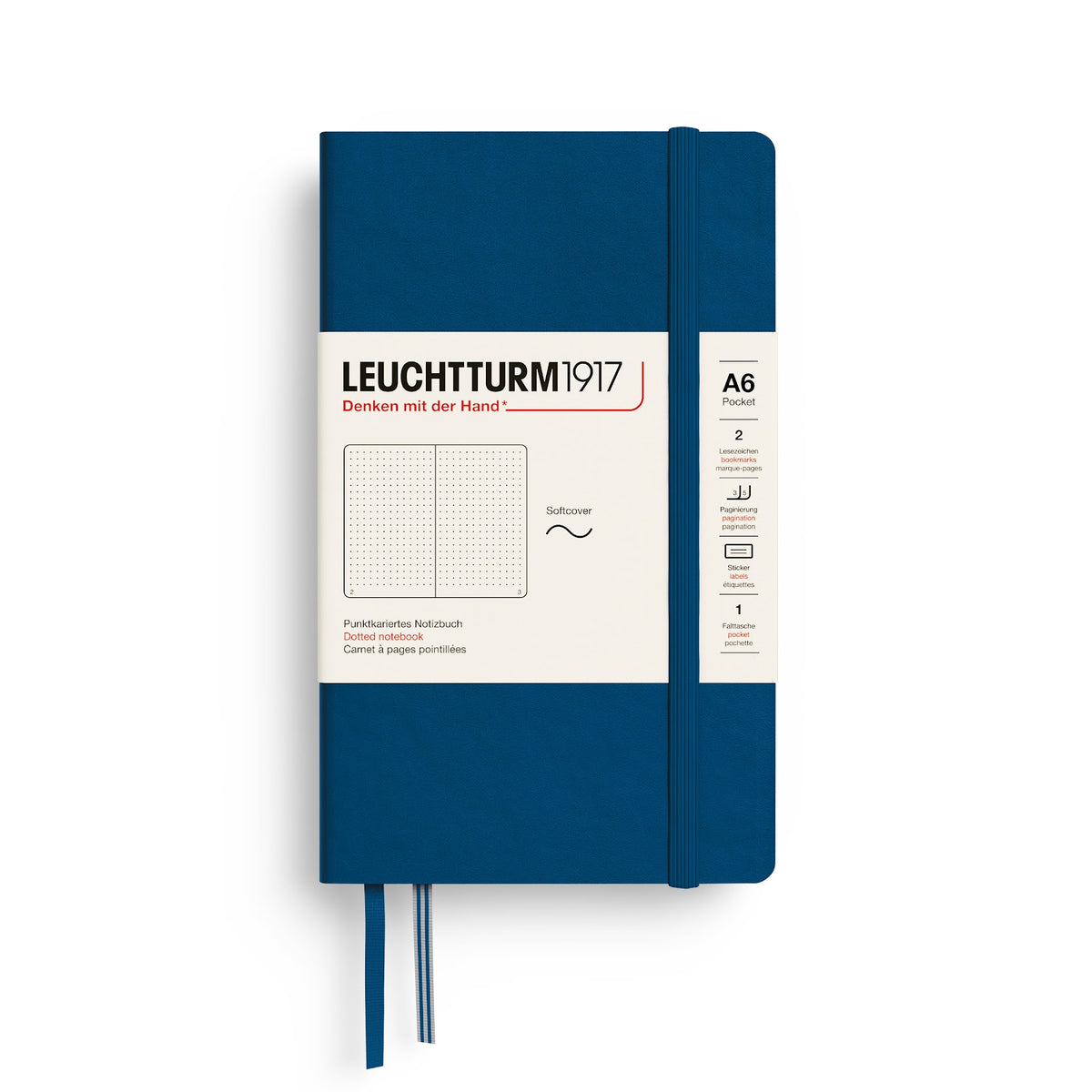 Blue notebook with white label on a white background