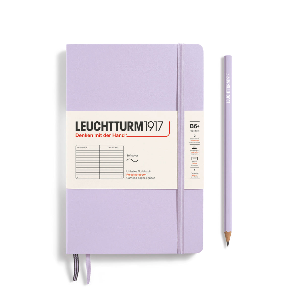Purple notebook with a pencil on a white background, featuring Leuchtturm1917 branding.