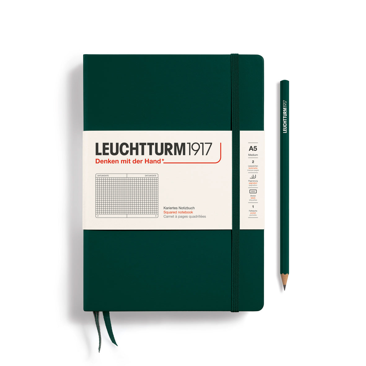 Green notebook with Leuchtturm1917 branding on a white background