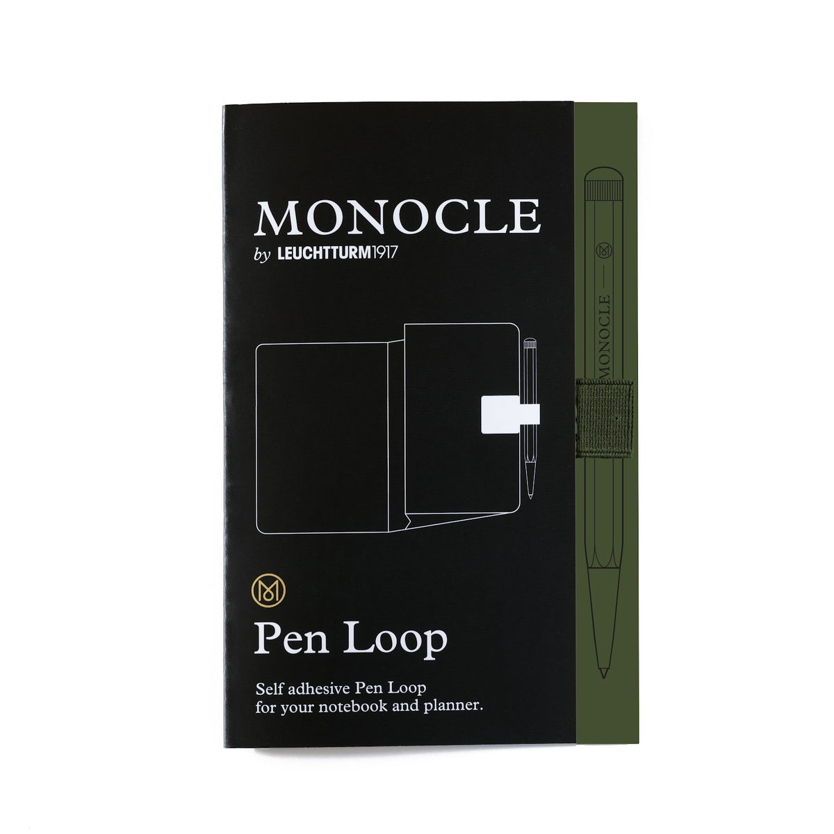 Black packaging of Monocle by Leuchtturm1917 Pen Loop with pen illustration on a white background