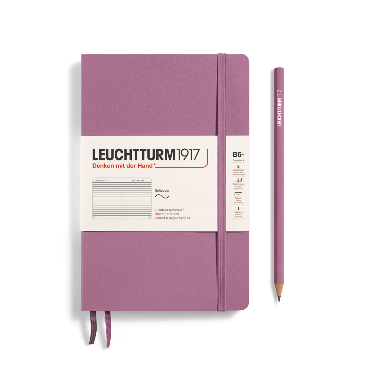 Purple notebook with a pencil on a white background, featuring Leuchtturm1917 branding.