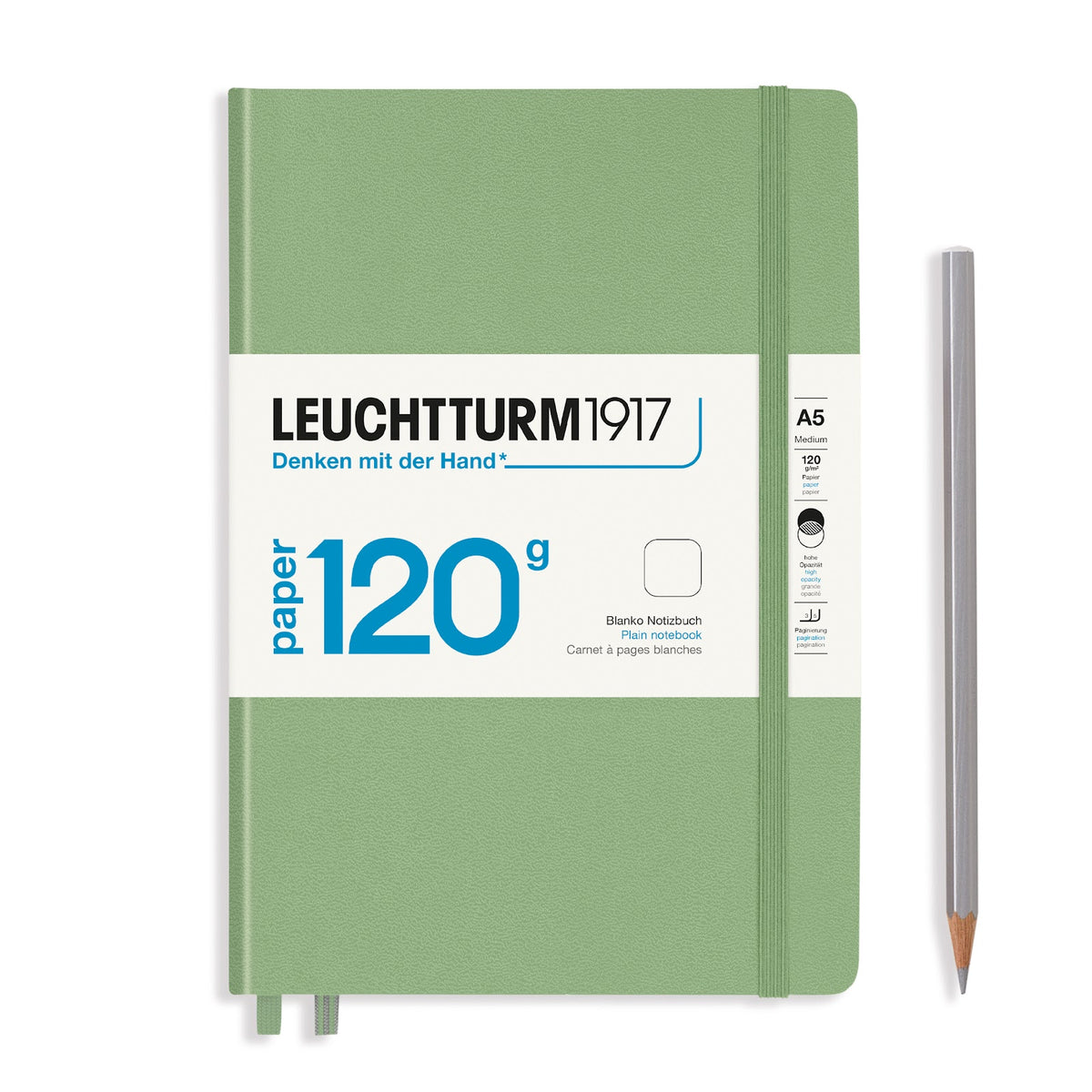 Green notebook with white label and pencil on a white background