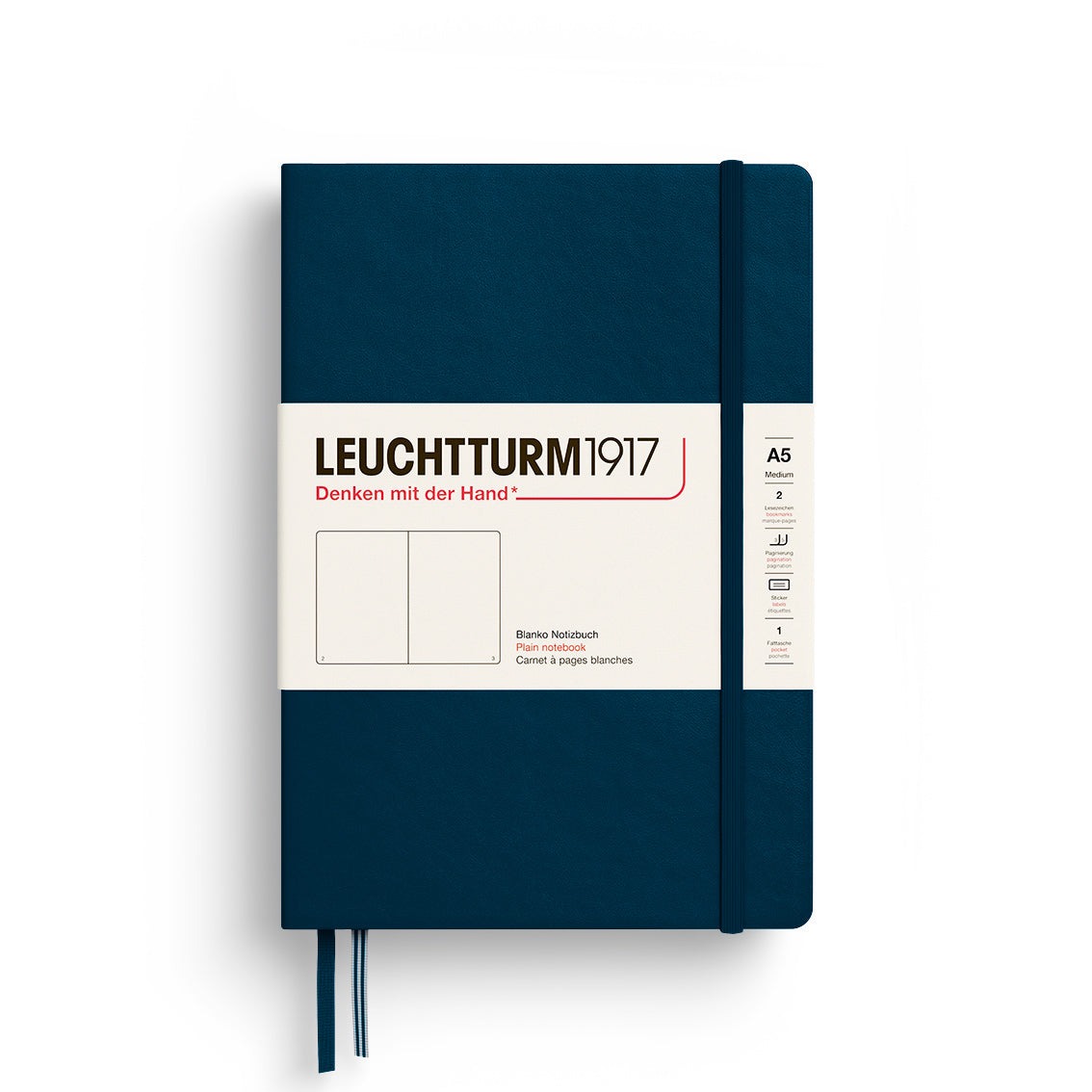 Blue notebook with white label featuring 'Leuchtturm1917' on a white background