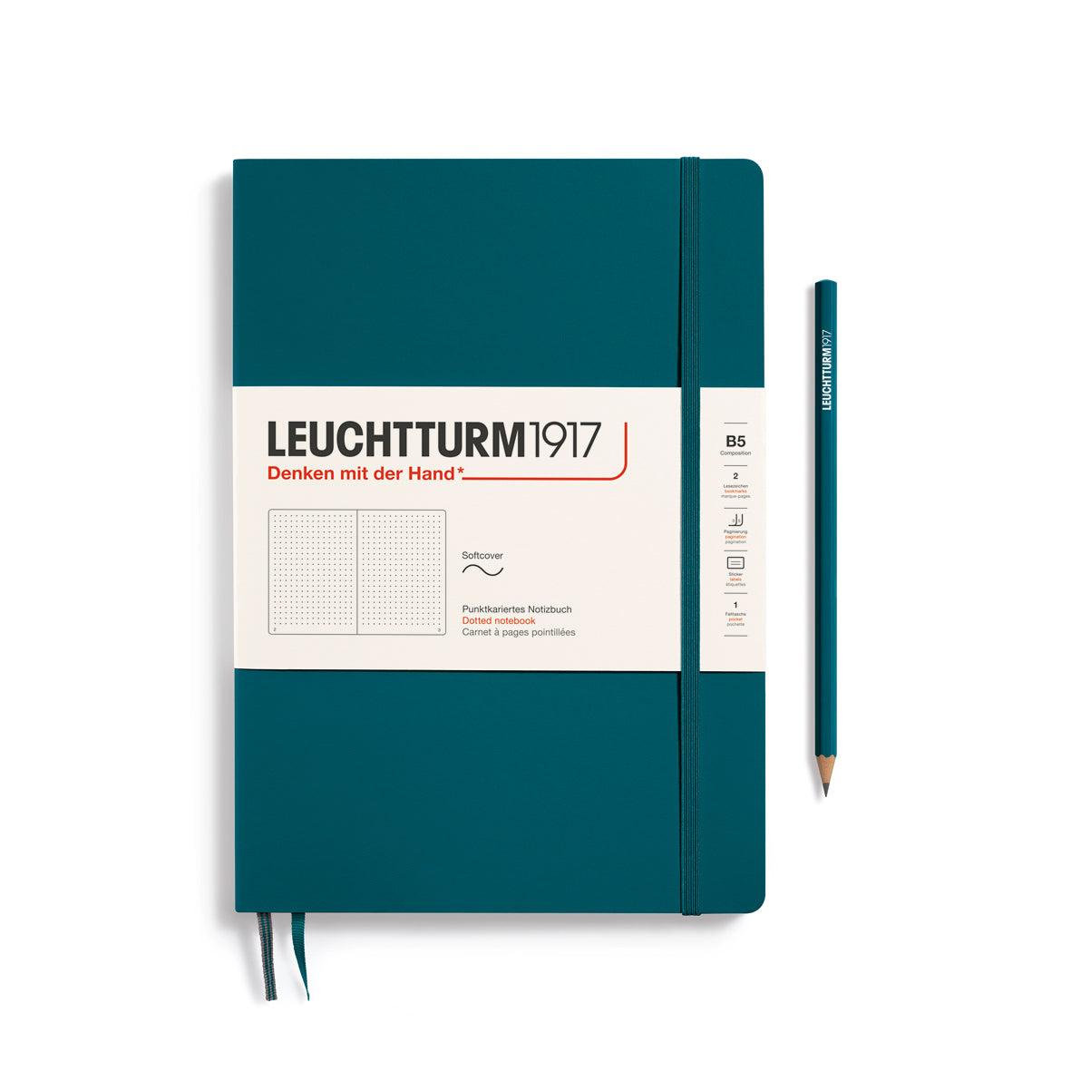 Teal notebook with Leuchtturm1917 branding and a pencil on a white background