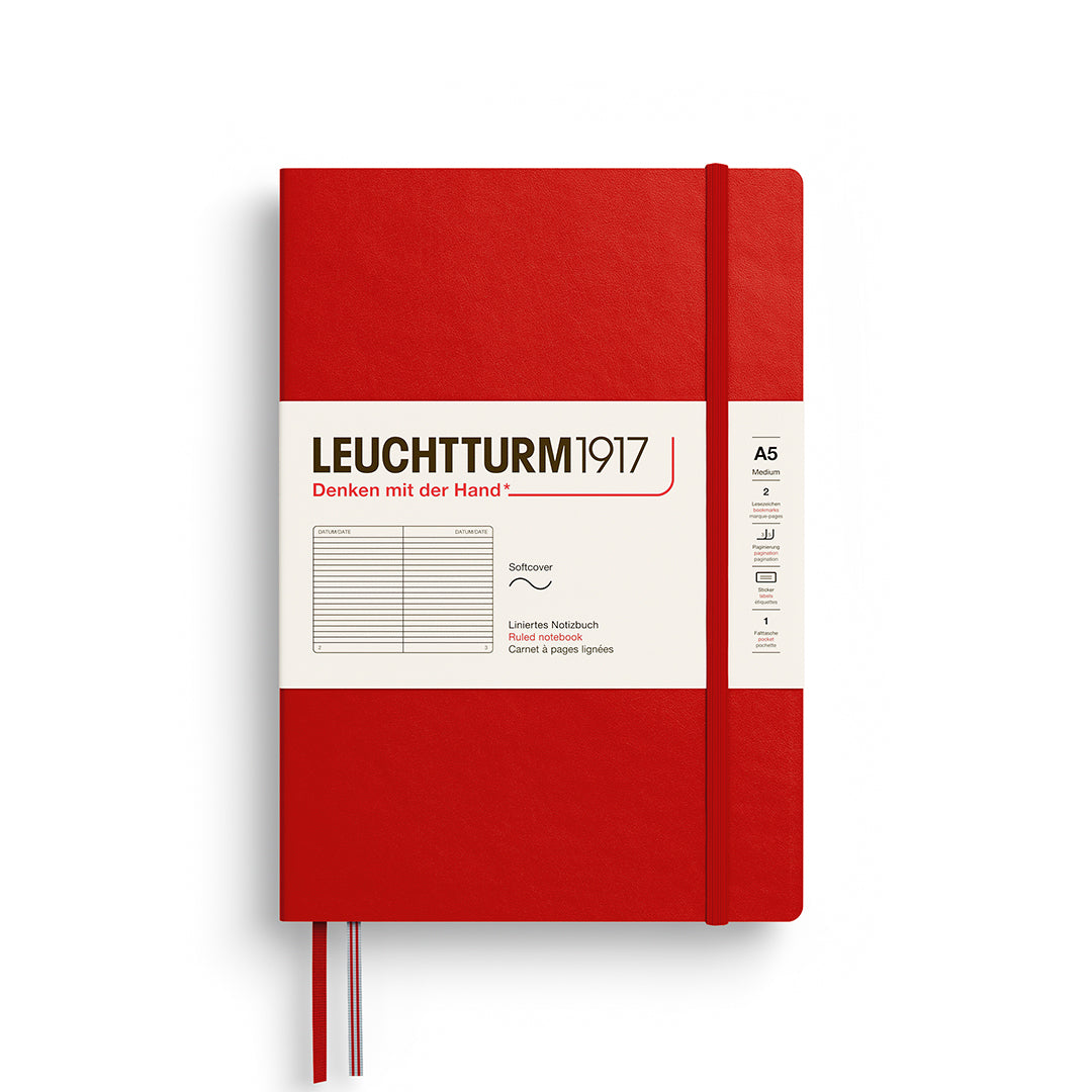 Red notebook with white label featuring 'Leuchtturm1917' on a white background