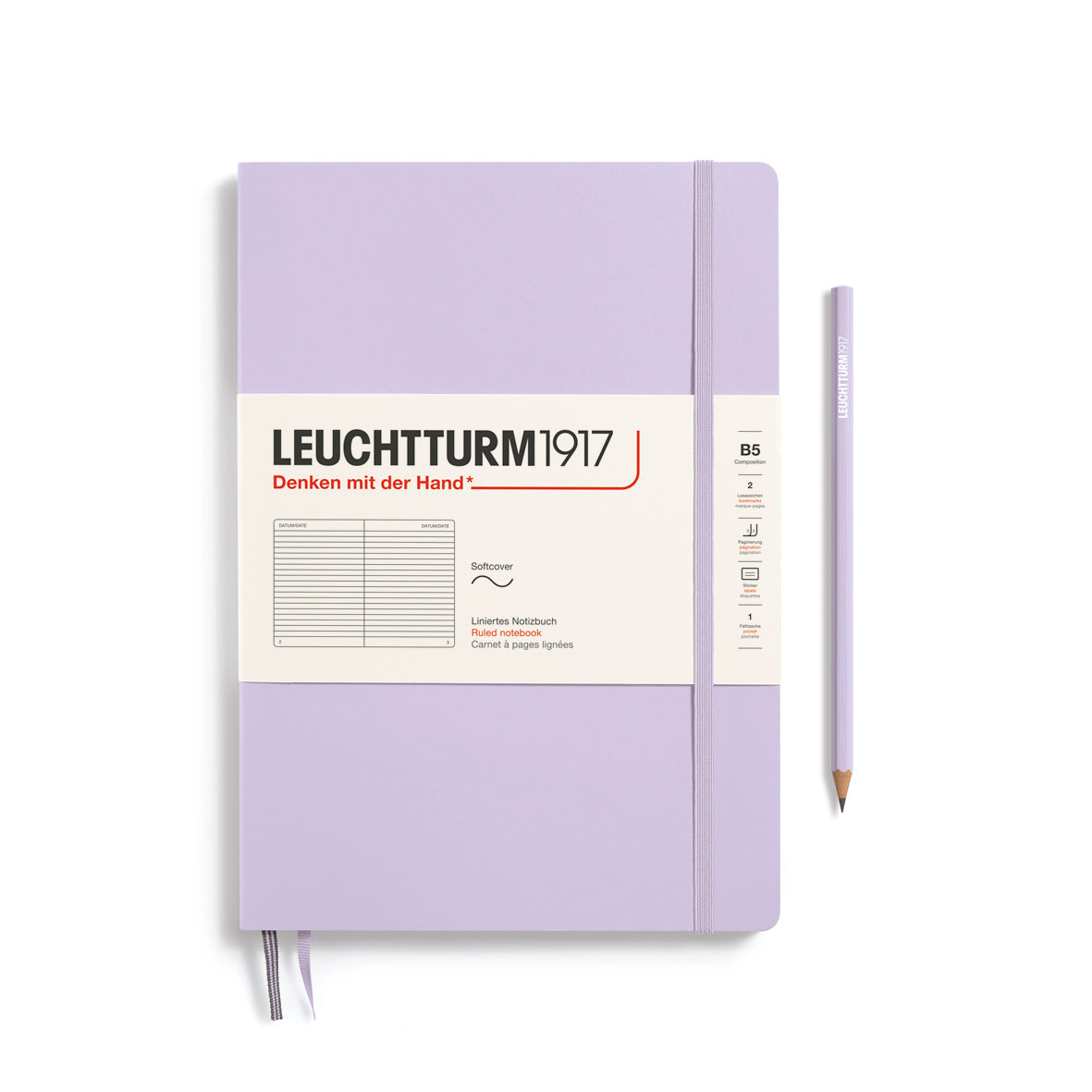 Purple notebook with a pencil on a white background, featuring Leuchtturm1917 branding.