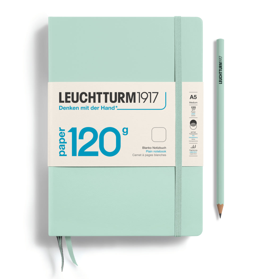 Light green notebook with a pencil on a white background, featuring Leuchtturm1917 branding.
