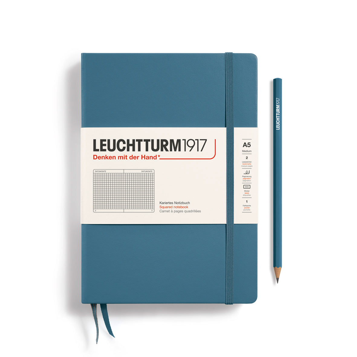 Blue notebook with Leuchtturm1917 branding on a white background