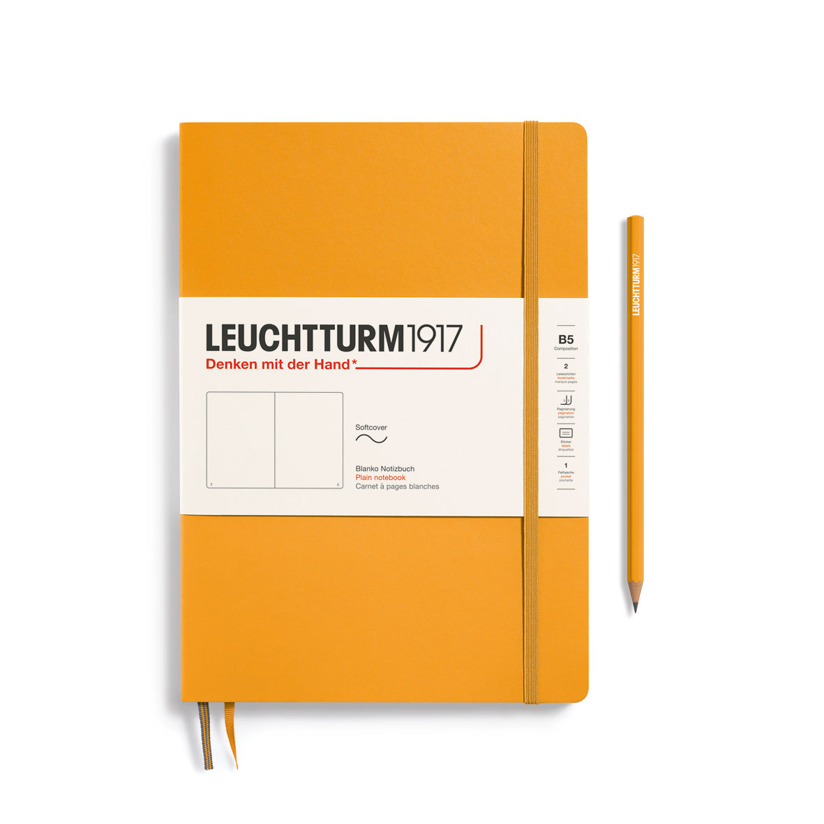 Orange notebook with pen on a white background, featuring Leuchtturm1917 branding.