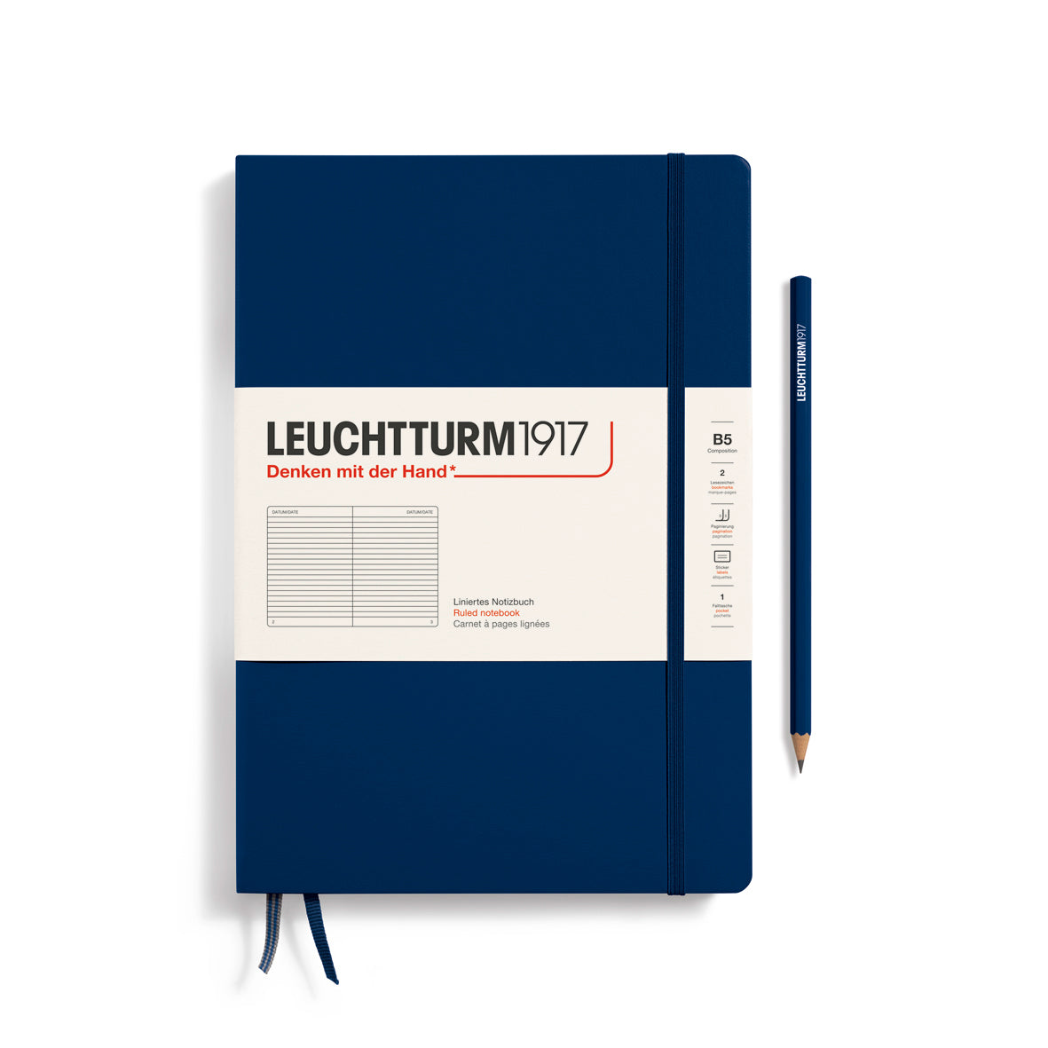 Blue notebook with Leuchtturm1917 branding on a white background