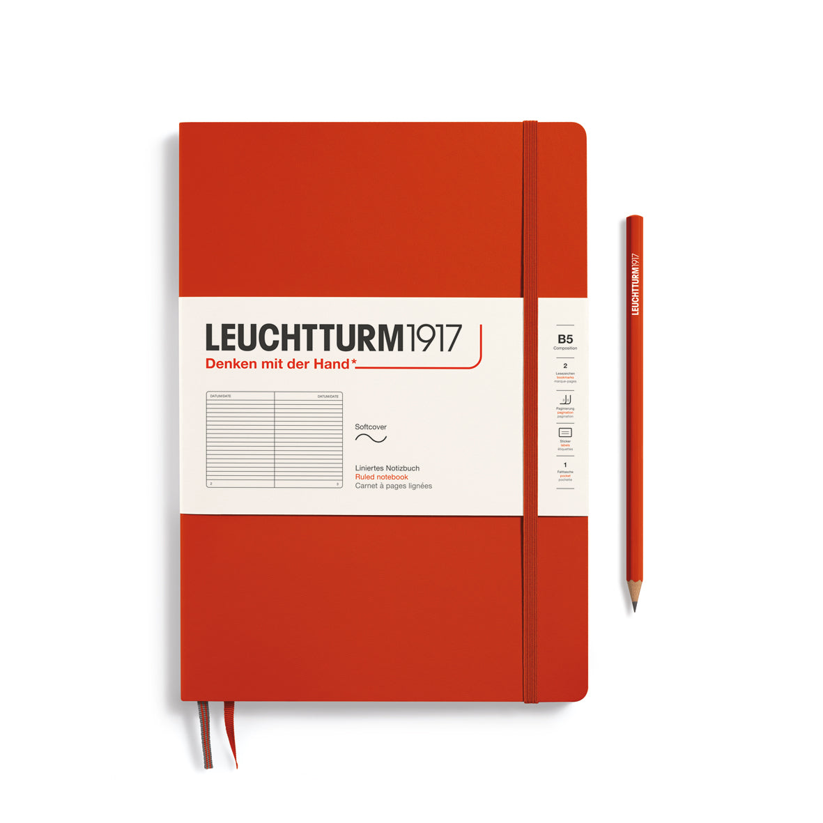 Red notebook with white label featuring 'Leuchtturm1917' branding on a white background.