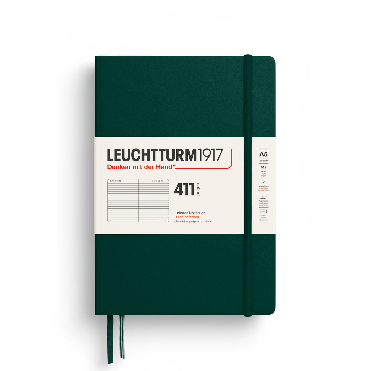 Green notebook with Leuchtturm1917 branding on a white background