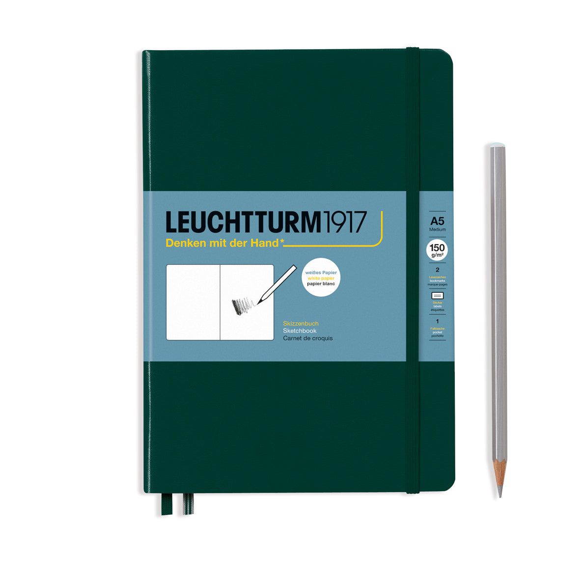 Green notebook with blue label featuring 'Leuchtturm1917' on a white background