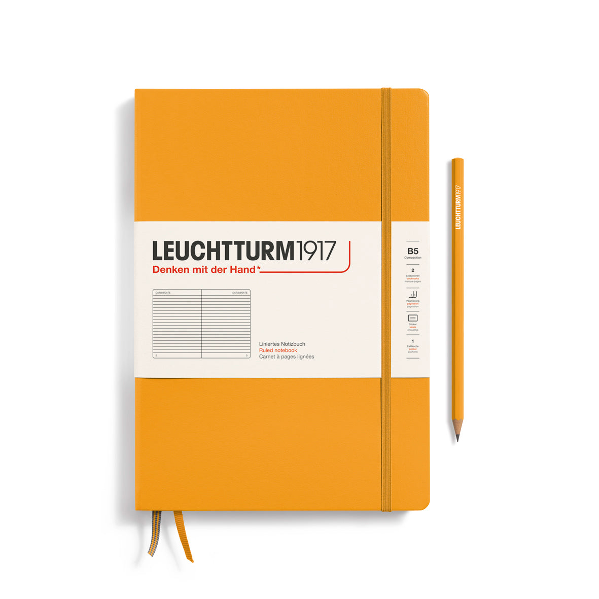 Orange notebook with white label featuring 'Leuchtturm1917' on a white background