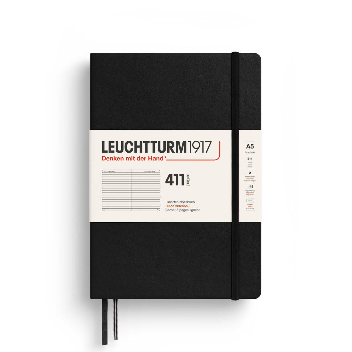 Black notebook with Leuchtturm1917 branding on a white background