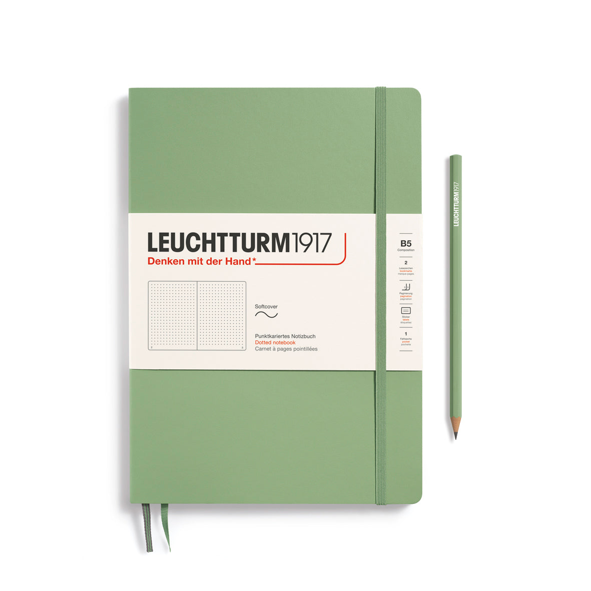 Green notebook with a pencil on a white background, featuring Leuchtturm1917 branding.