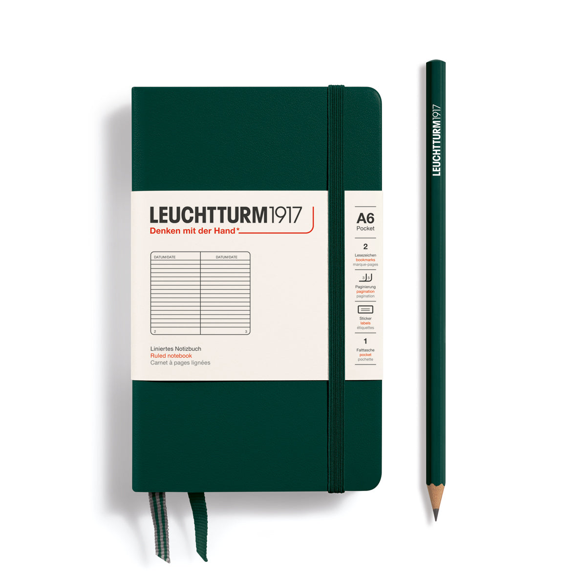 Green notebook with a pencil on a white background, featuring Leuchtturm1917 branding.