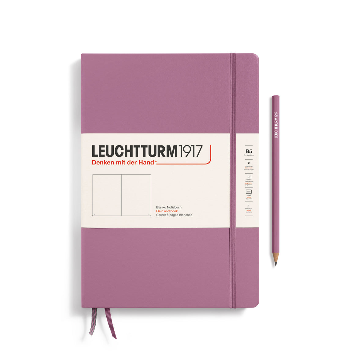 Purple notebook with white label featuring 'Leuchtturm1917' on a white background