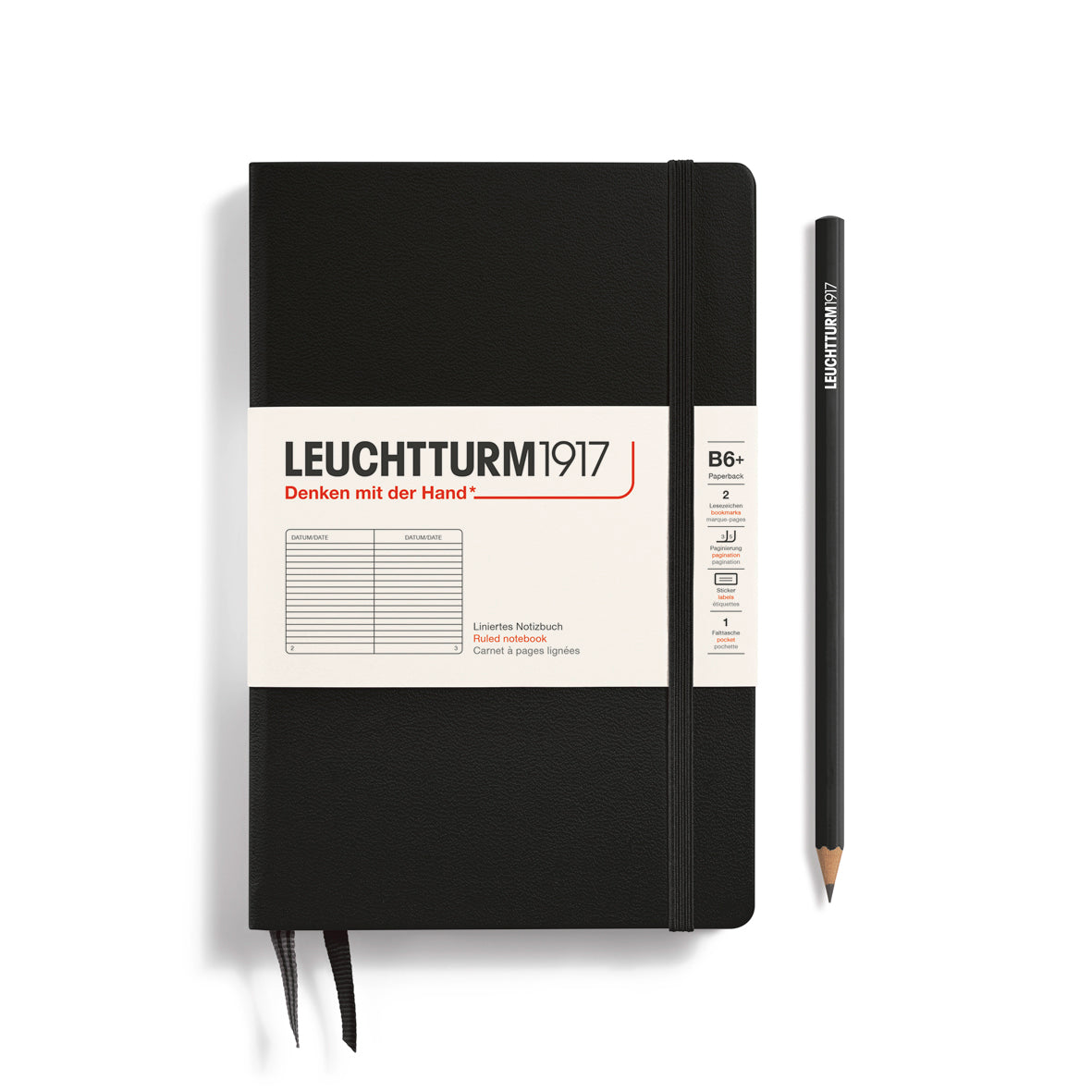 Black notebook with white label featuring 'Leuchtturm1917' branding on a white background.