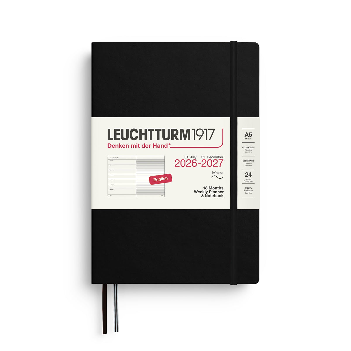 Black notebook with Leuchtturm1917 branding on a white background
